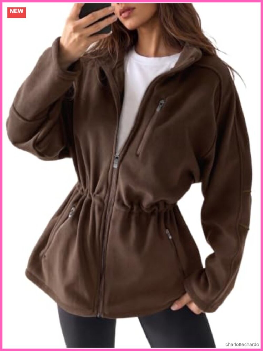 Fuzzy Fleece Zip Up Jacket Drawstring Waist Hooded Oversized